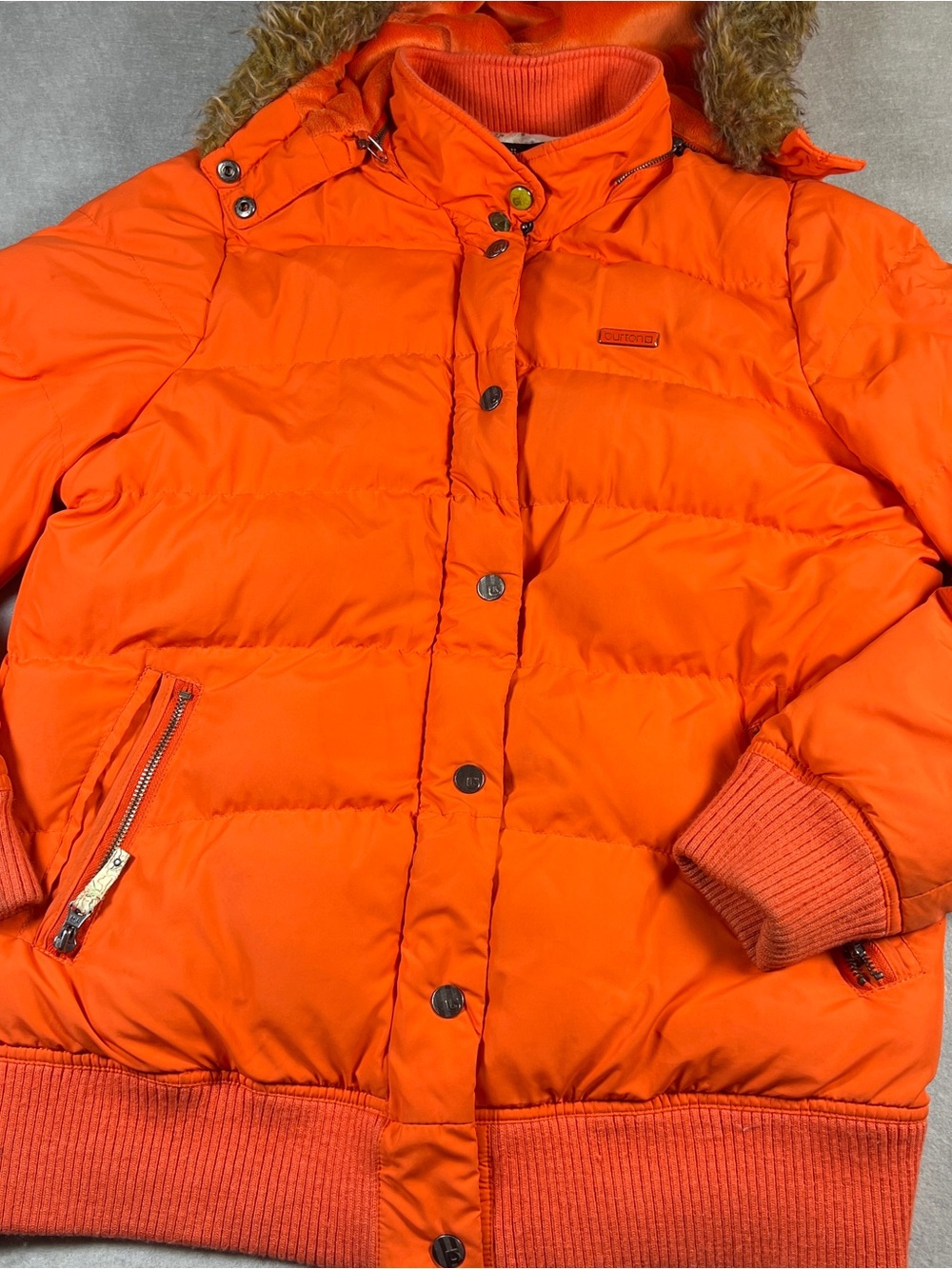 Burton Womens L Orange Y2K Puffer Ski Snowboard Jacket Faux Fur